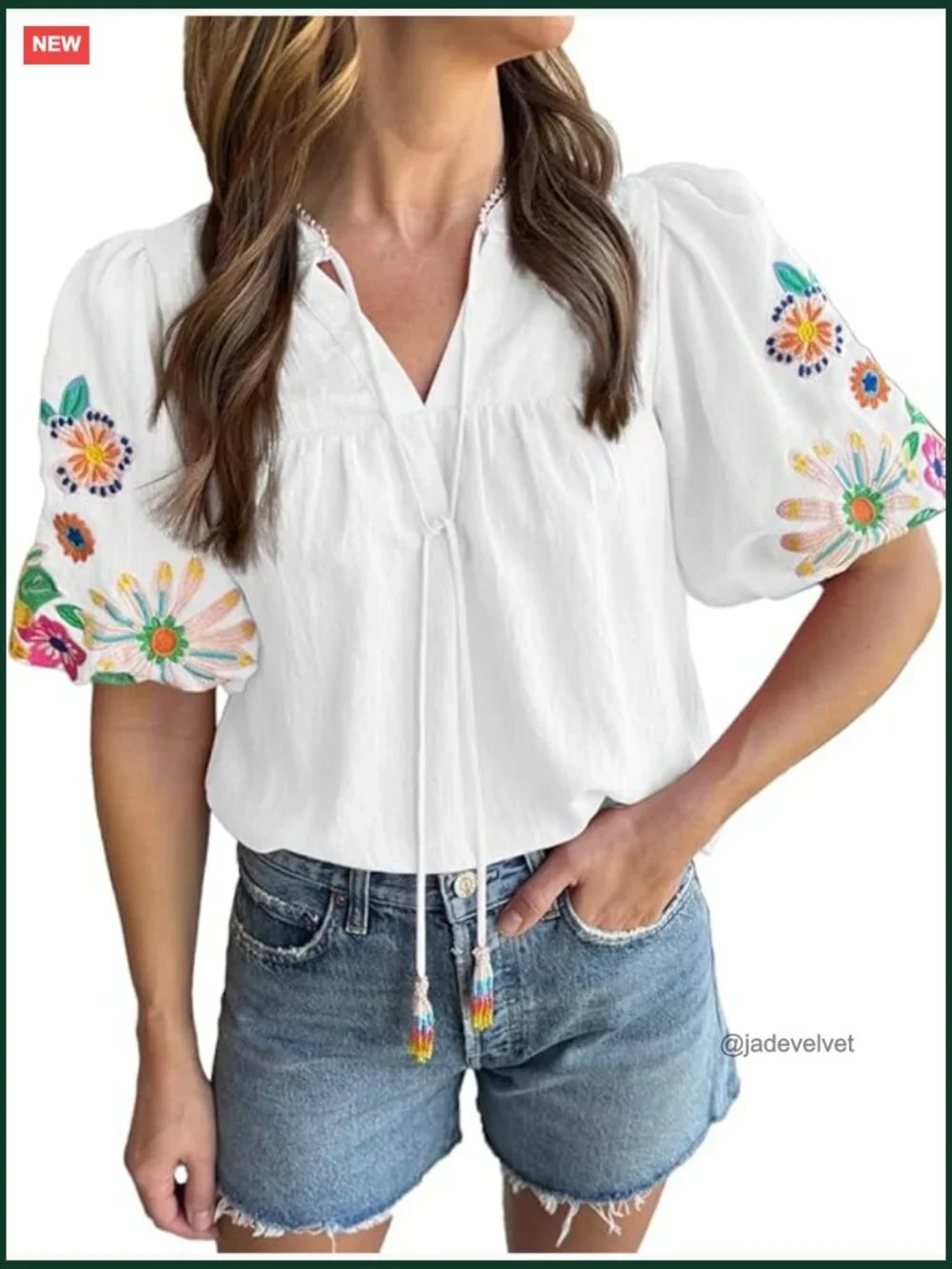 Boho Embroidered V Neck Tunic with Puff Sleeves